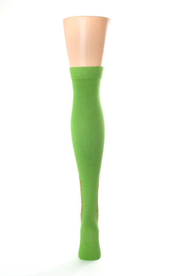 Delp Stockings Clocked Cotton, Vine Style. Green with Red ankle clocking design back view. 