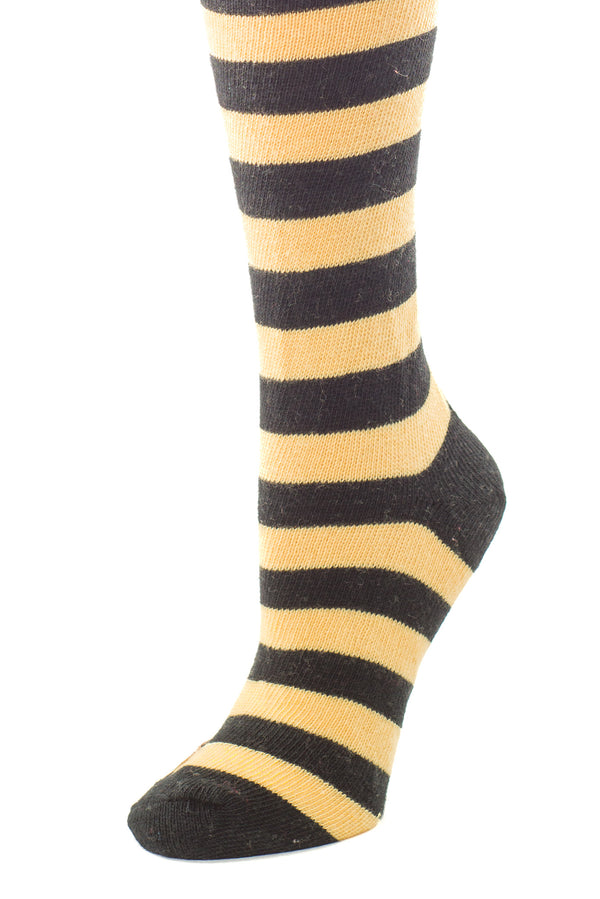 Delp Stockings, Heavyweight Horizontal Striped Cotton Stockings. Yellow and Black color side detail view.