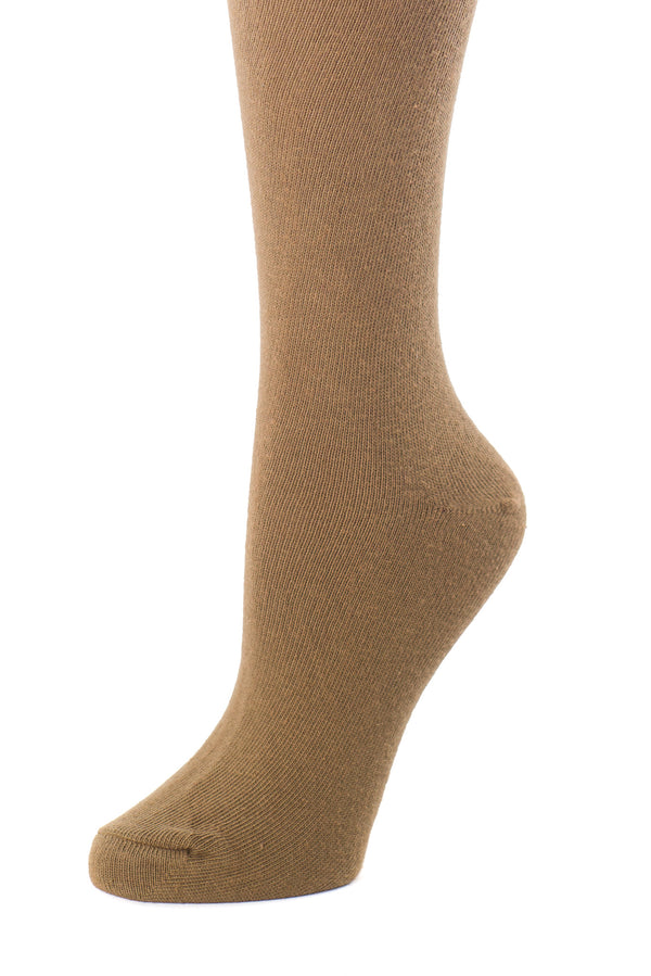 Delp Stockings, Seamed Lightweight Cotton Stockings. Camel color side detail view.