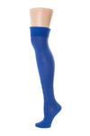Delp Stockings, Roll Garters on Royal Blue Openwork stocking. Side view, showing pink garter being rolled into stocking. 