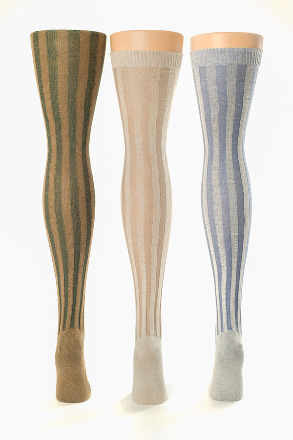 Delp Stockings, Vertical Ribbed Cotton Stockings. Green and Tan, Tan and Cream, Blue and Cream colors, side by side view of back of stockings.