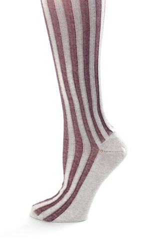 Delp Stockings, Vertical Ribbed Cotton Stockings. Maroon and White color side view.