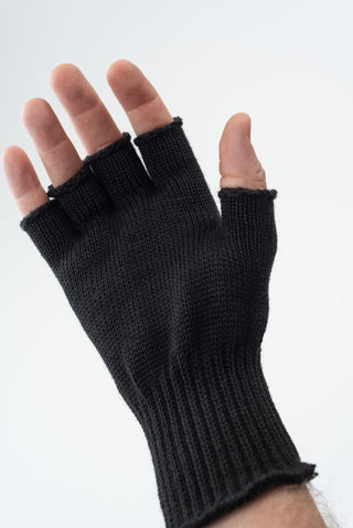 Delp Stockings, Wool Fingerless Gloves. Black color on model, palm side view.