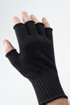 Delp Stockings, Wool Fingerless Gloves. Black color on model, back side view.