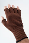 Delp Stockings, Wool Fingerless Gloves. Brown color on model, back side view.