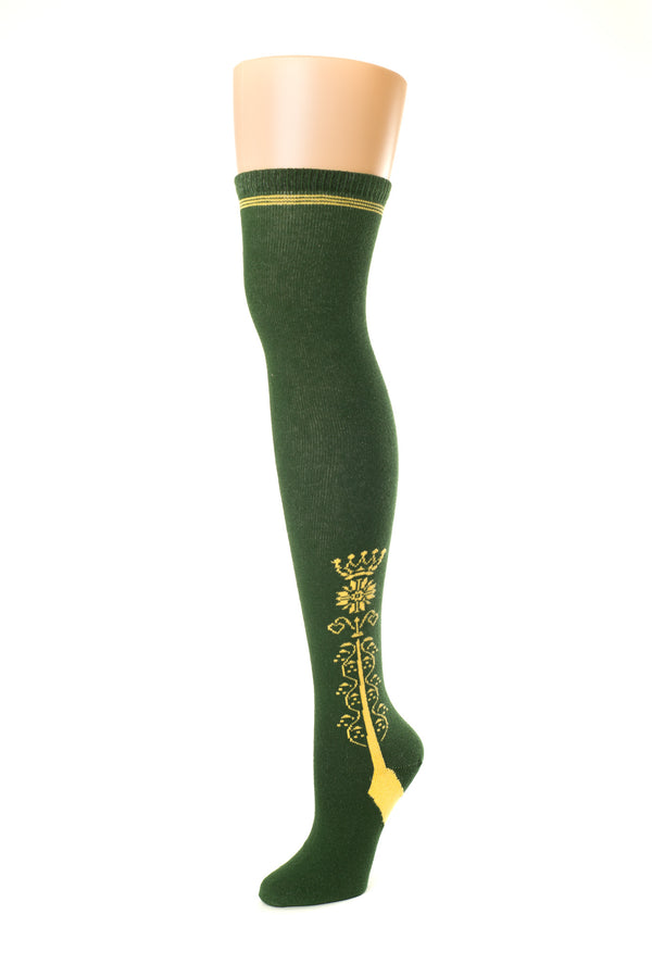 Delp Stockings Clocked Cotton, Crown Style. Green with Yellow ankle clocking design side view. 