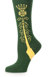 Delp Stockings Clocked Cotton, Crown Style. Green with Yellow ankle clocking design side detail view. 