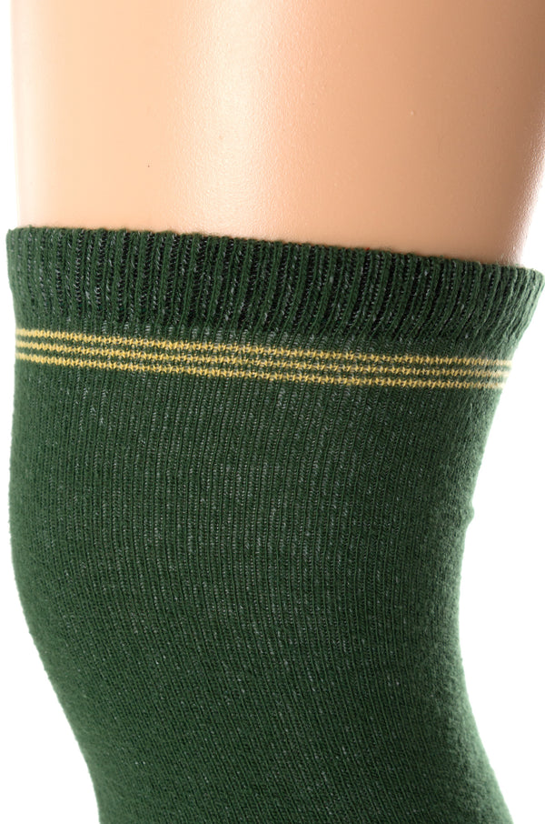 Delp Stockings Clocked Cotton, Crown Style. Green with Yellow ankle clocking design, top of stocking detail view. 