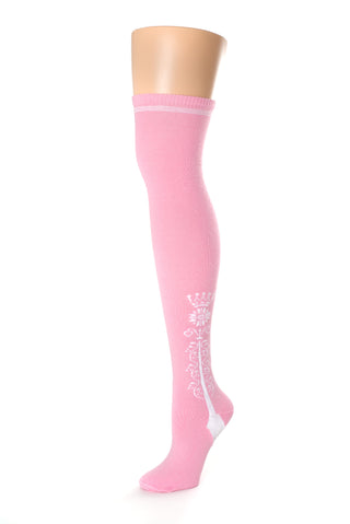 Delp Stockings Clocked Cotton, Crown Style. Pink with White ankle clocking design side view. 