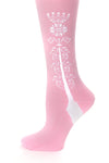 Delp Stockings Clocked Cotton, Crown Style. Pink with White ankle clocking design side detail view. 