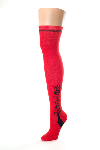 Delp Stockings Clocked Cotton, Crown Style. Red with Black ankle clocking design side view. 