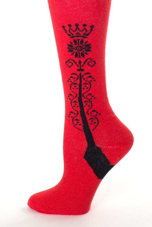 Delp Stockings Clocked Cotton, Crown Style. Red with Black ankle clocking design side detail view. 