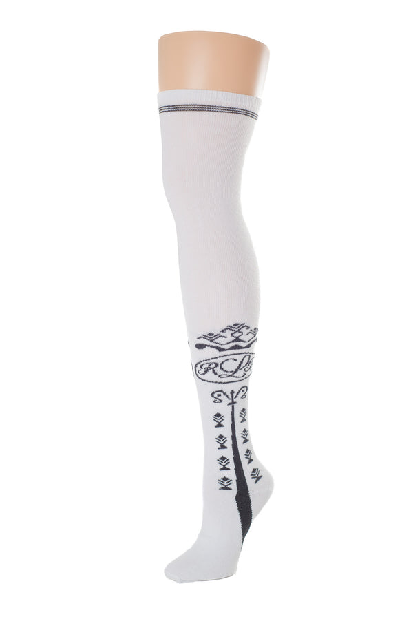 Delp Stockings Clocked Cotton, RBL Style. White with Black ankle clocking design side view. 