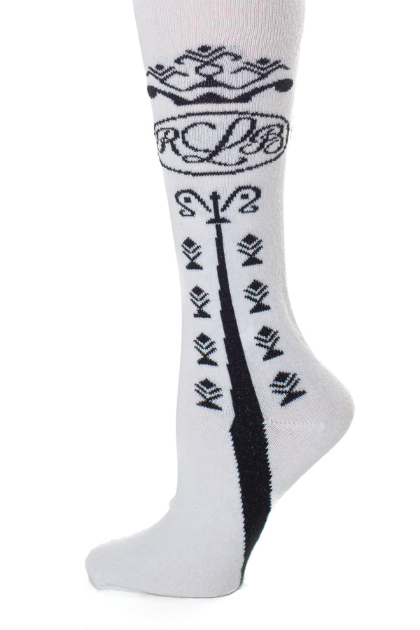 Delp Stockings Clocked Cotton, RBL Style. White with Black ankle clocking design side detail view. 