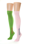 Delp Stockings Clocked Cotton, Vine Style. Green with Red ankle clocking design and Pink with Navy Blue ankle clocking design, side by side view. 