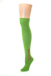Delp Stockings Clocked Cotton, Vine Style. Green with Red ankle clocking design side view. 