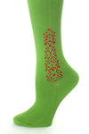 Delp Stockings Clocked Cotton, Vine Style. Green with Red ankle clocking design side detail view. 
