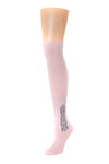 Delp Stockings Clocked Cotton, Vine Style. Pink with Navy Blue ankle clocking design side view. 