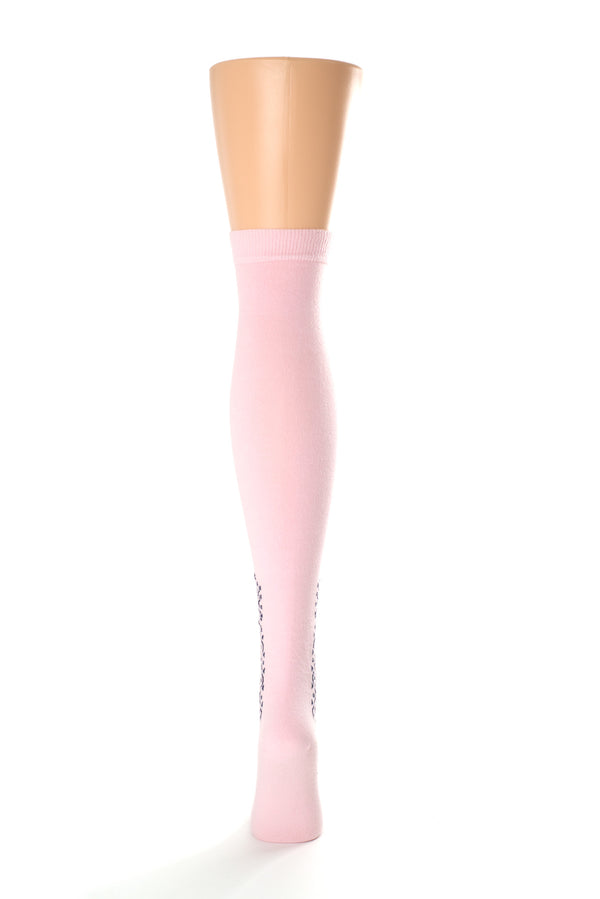 Delp Stockings Clocked Cotton, Vine Style. Pink with Navy Blue ankle clocking design back view. 