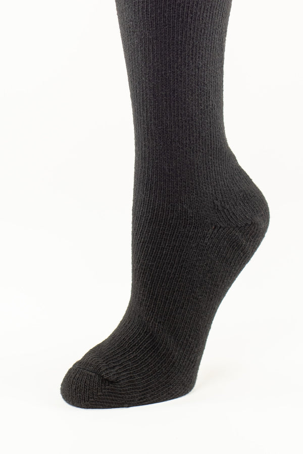 Delp Stockings, Seamed Heavyweight Cotton Stockings. Black color side detail view.