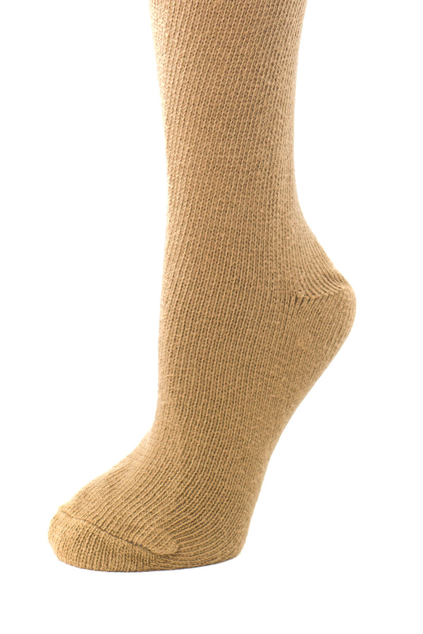 Delp Stockings, Seamed Heavyweight Cotton Stockings. Camel color side detail view