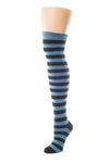 Delp Stockings, Heavyweight Horizontal Striped Cotton Stockings. Blue and Black color side view.