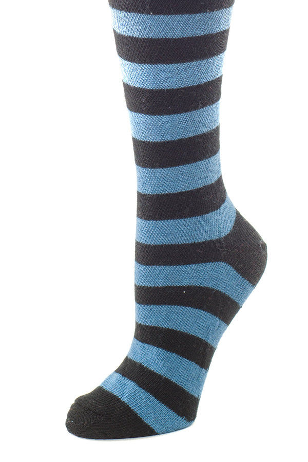 Delp Stockings, Heavyweight Horizontal Striped Cotton Stockings. Blue and Black color side detail view.
