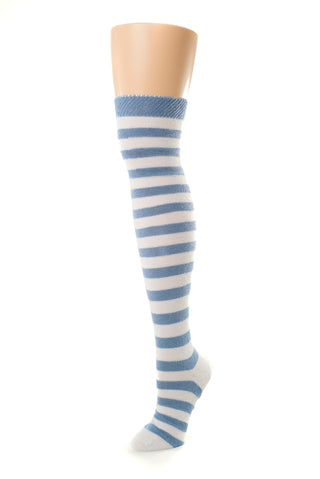 Delp Stockings, Heavyweight Horizontal Striped Cotton Stockings. Light Blue and White color side view. 