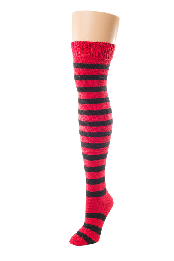 Delp Stockings, Heavyweight Horizontal Striped Cotton Stockings. Red and Black color side view. 