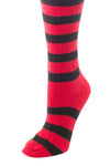 Delp Stockings, Heavyweight Horizontal Striped Cotton Stockings. Red and Black color side detail view. 