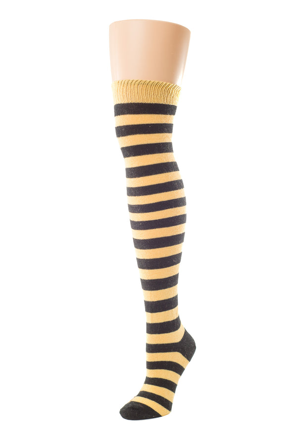 Delp Stockings, Heavyweight Horizontal Striped Cotton Stockings. Yellow and Black color side view.
