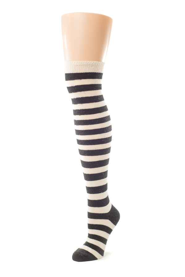 Delp Stockings, Heavyweight Horizontal Striped Cotton Stockings. Cream and Black color side view.