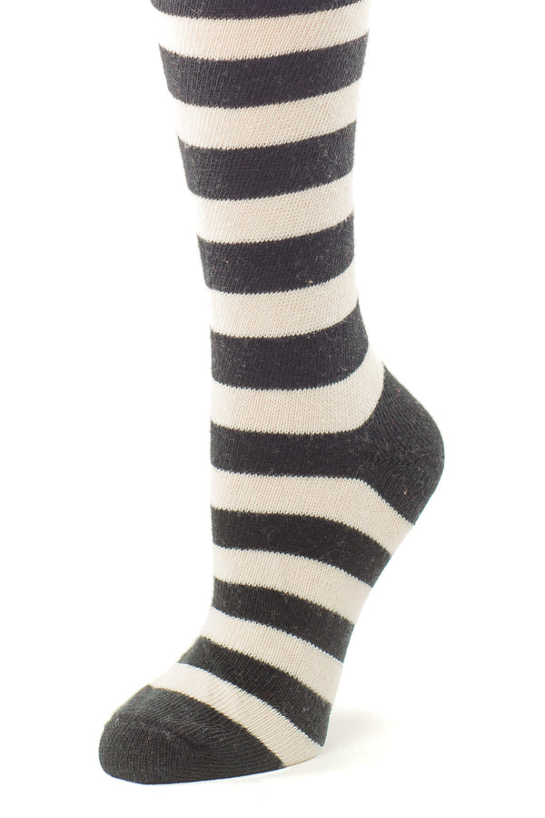 Delp Stockings, Heavyweight Horizontal Striped Cotton Stockings. Cream and Black color side detail view.