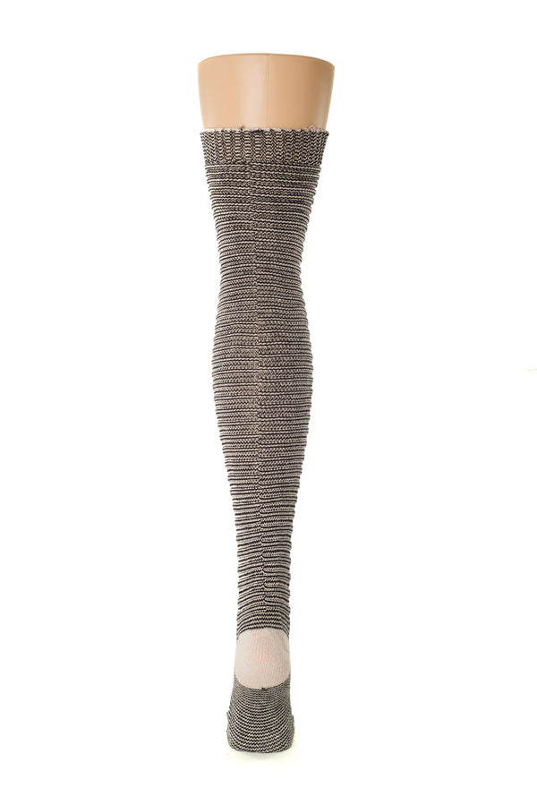 Delp Stockings, Horizontal Ribbed / Banded Stockings. Black and White color back view. 