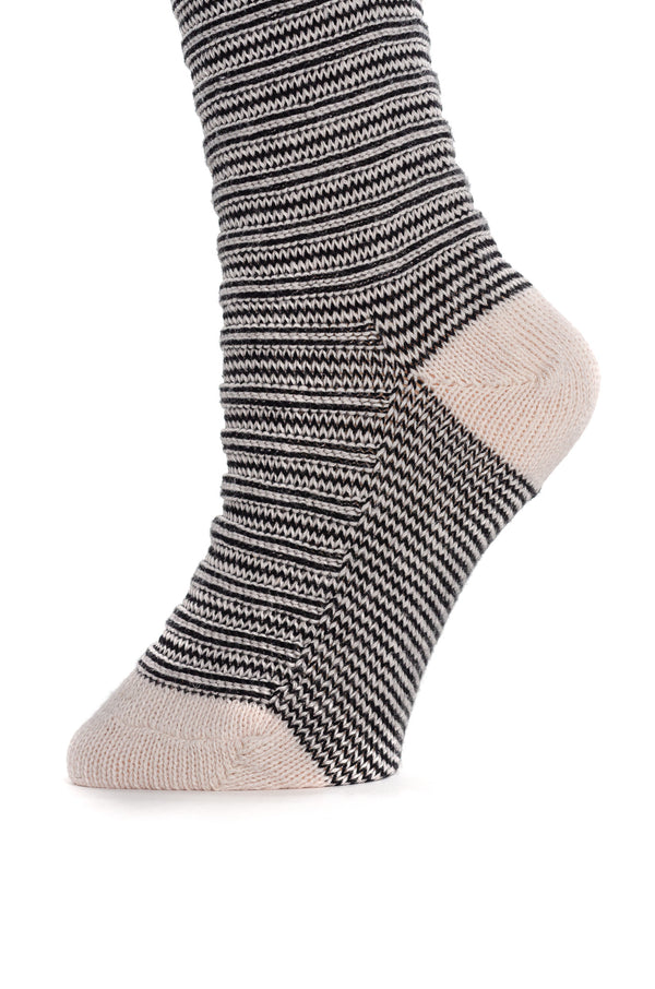 Delp Stockings, Horizontal Ribbed / Banded Stockings. Black and White color side detail view. 
