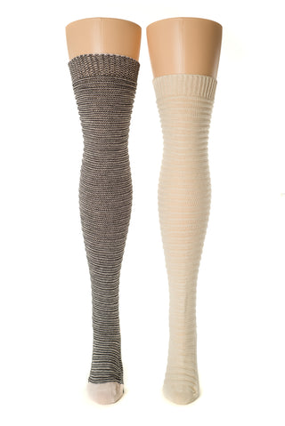 Delp Stockings, Horizontal Ribbed / Banded Stockings. Black and White color plus Cream color side by side view. 