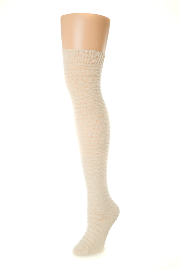 Delp Stockings, Horizontal Ribbed / Banded Stockings. Cream color side view. 