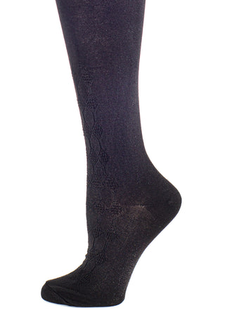 Delp Stockings, Seamed Openwork Silk Stockings. Black color side view.