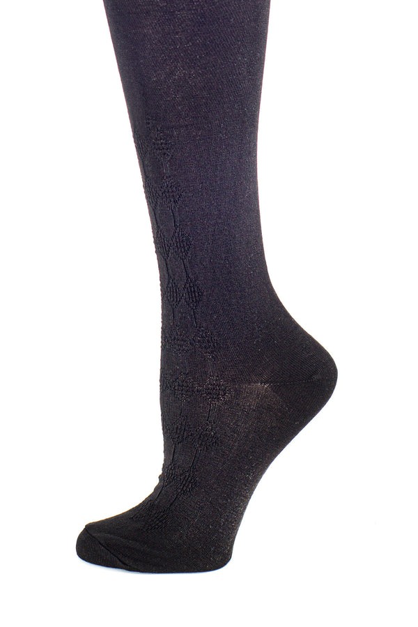 Delp Stockings, Seamed Openwork Silk Stockings. Black color side detail view.