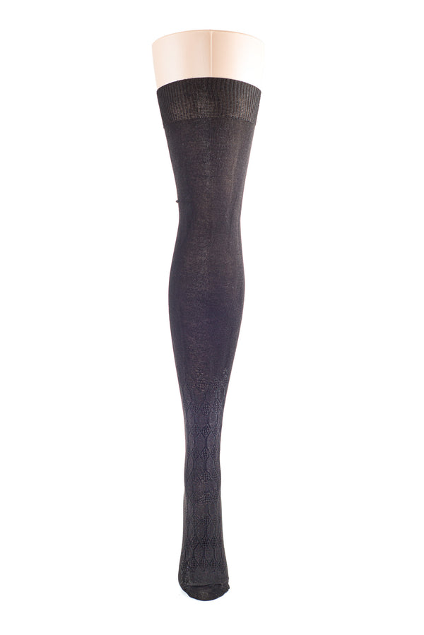 Delp Stockings, Seamed Openwork Silk Stockings. Black color front view.