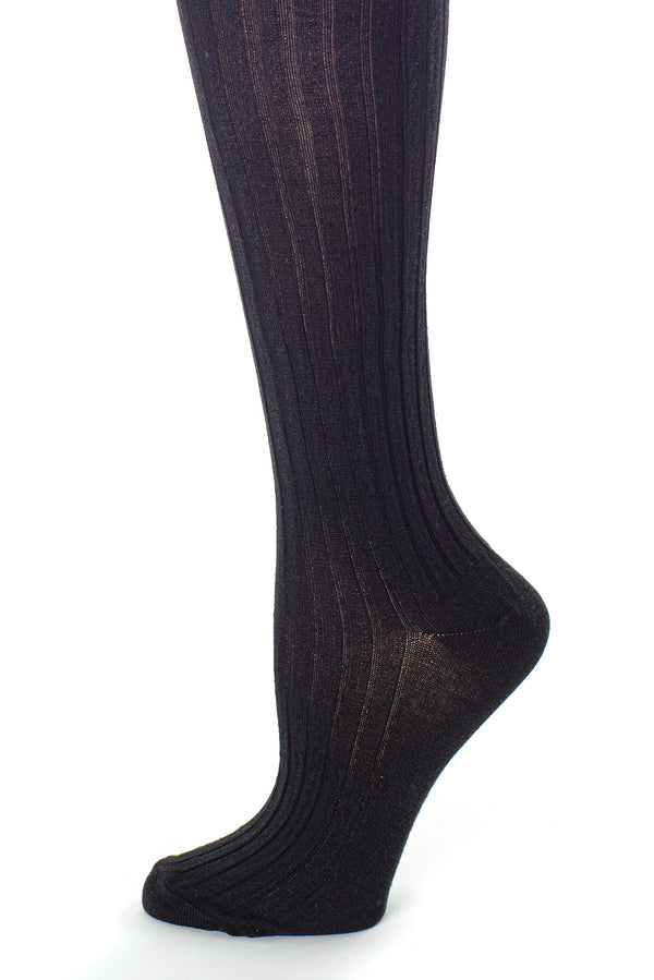 Delp Stockings, Ribbed Silk Stockings. Black color side detail view. 