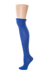 Delp Stockings, Roll Garters on Royal Blue Openwork stocking. Side view, showing pink garter being rolled into stocking just above the knee.