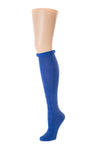 Delp Stockings, Roll Garters on Royal Blue Openwork stocking. Side view, rolled down below knee. 