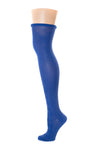 Delp Stockings, Roll Garters on Royal Blue Openwork stocking. Side view, showing pink garter being rolled again into stocking.