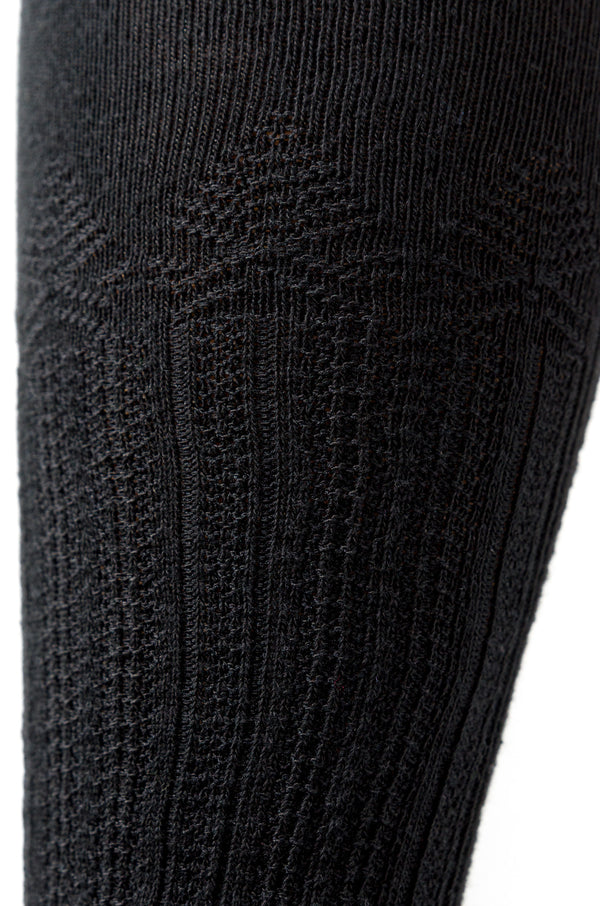 Delp Stockings, Seamed Openwork Cotton Stockings. Black color side detail view. 