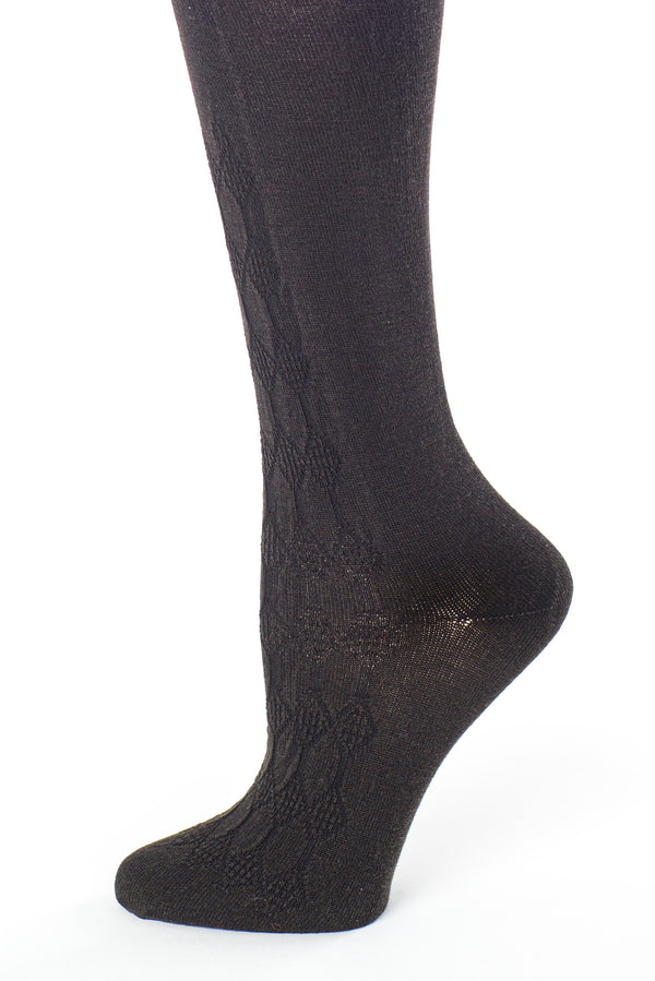Delp Stockings Openwork Silk SALE Stockings. Black color side detail view.