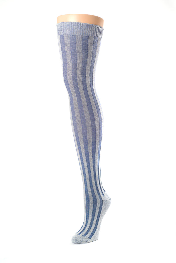 Delp Stockings, Vertical Ribbed Cotton Stockings. Blue and Cream color side view.