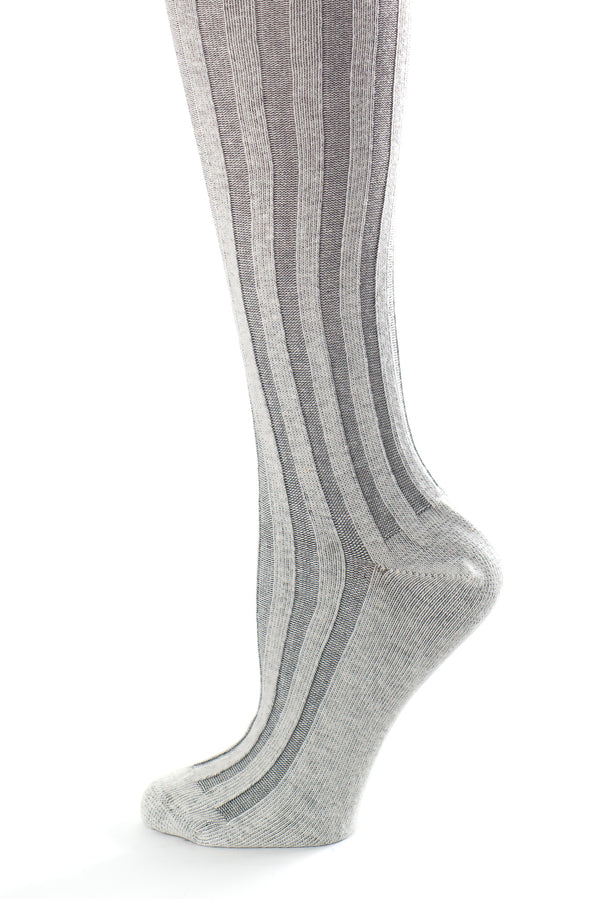Delp Stockings, Vertical Ribbed Cotton Stockings. Gray and Cream color side detail view.