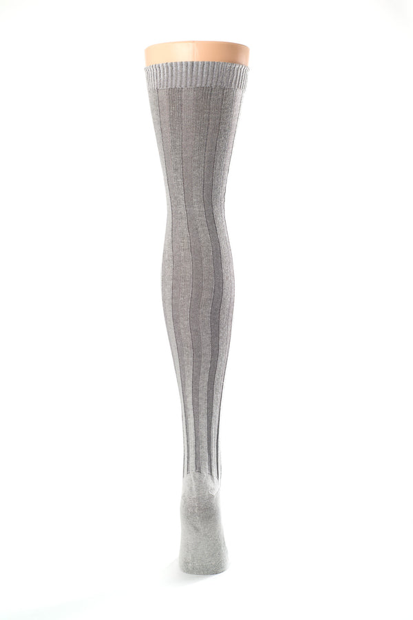 Delp Stockings, Vertical Ribbed Cotton Stockings. Gray and Cream color back view.