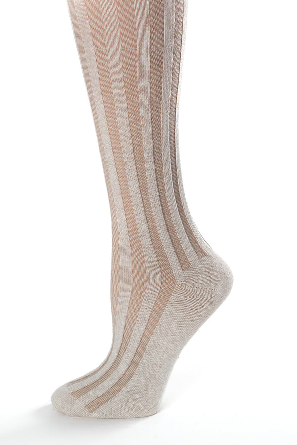 Delp Stockings, Vertical Ribbed Cotton Stockings. Tan and Cream color side detail view.